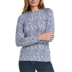 J.McLaughlin Small Jana Top Blue Lattice Print Long Sleeve Crew Neck
